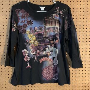 Y2K Las Vegas Top Christopher & Banks XL Vintage 90s Mom Retro Embellished Black